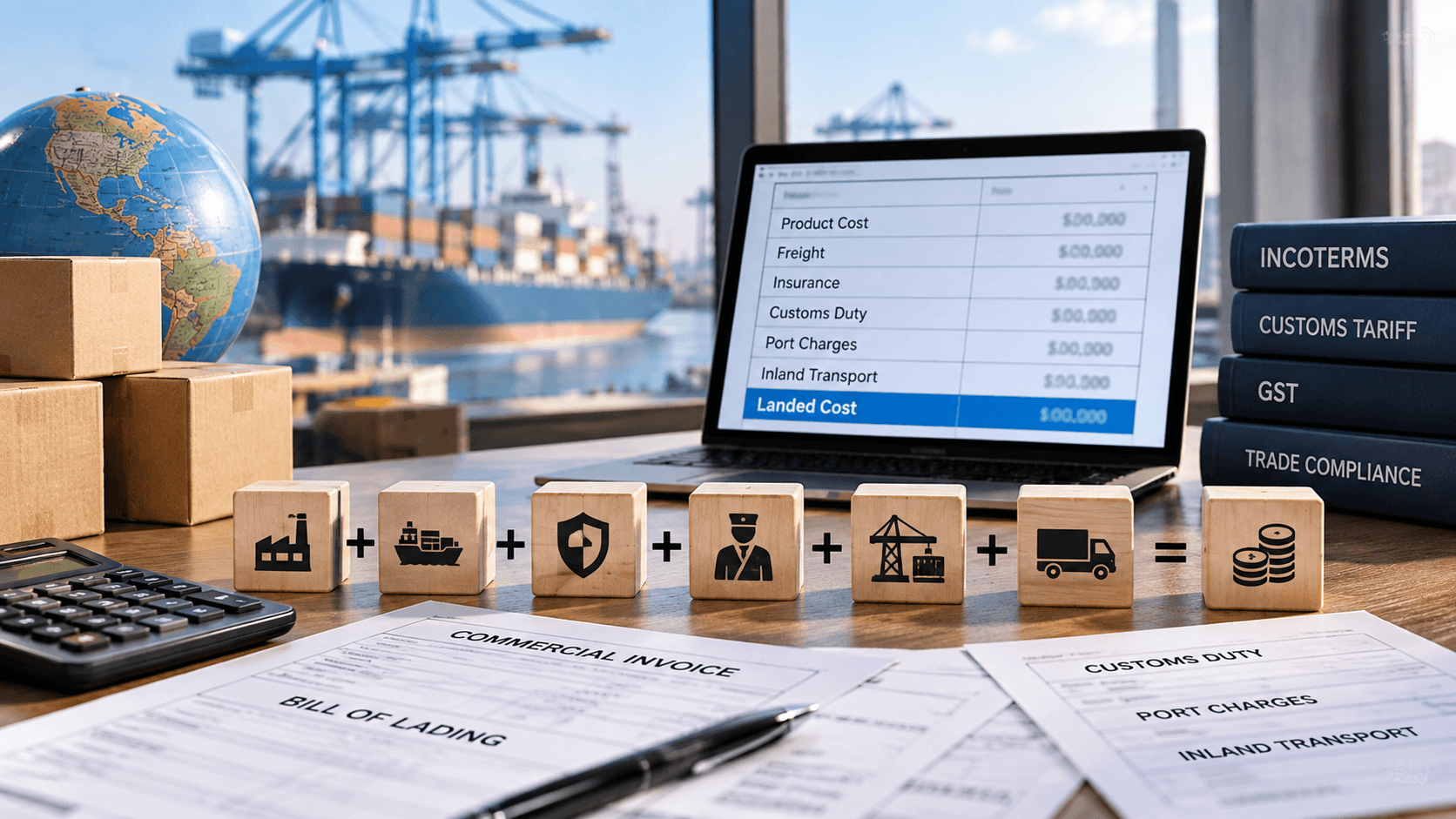 Landed cost calculation software for Indian importers calculating freight, insurance, customs duty, port charges and inland transportation costs